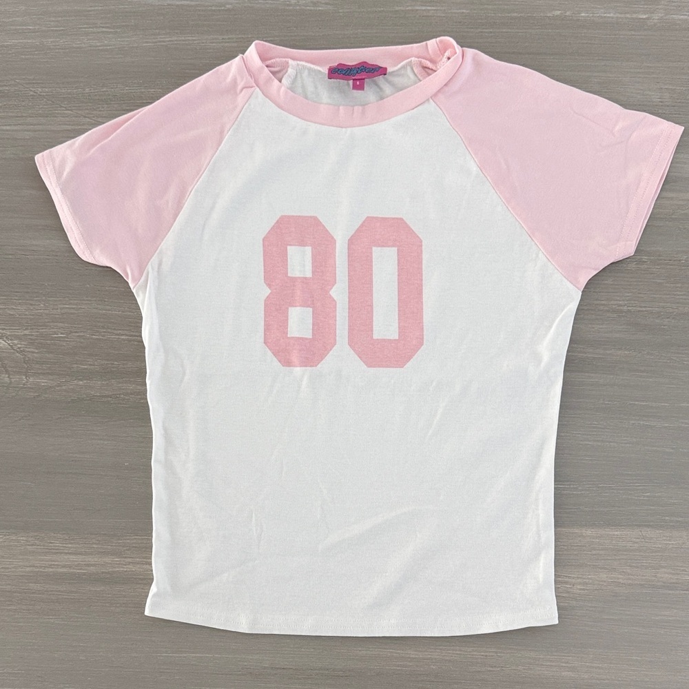 Edikted White Tee with Light Pink Raglan Sleeves & '80' Graphic